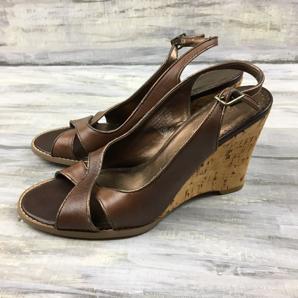 Tribeca by Kenneth Cole Brown Leather Wedge Sandal Bronze SchoolBell Cork Wedges